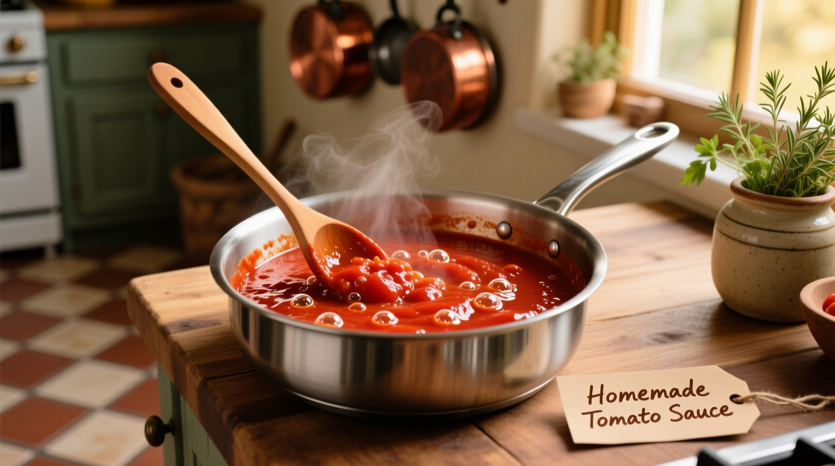 Homemade tomato sauce made from tomato paste in a saucepan