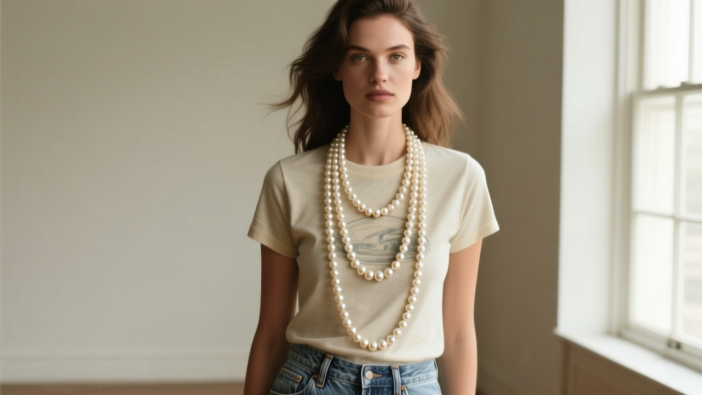 A stylish woman wearing a 32-inch opera-length knotted pearl necklace doubled up, paired with a vintage band t-shirt and denim.