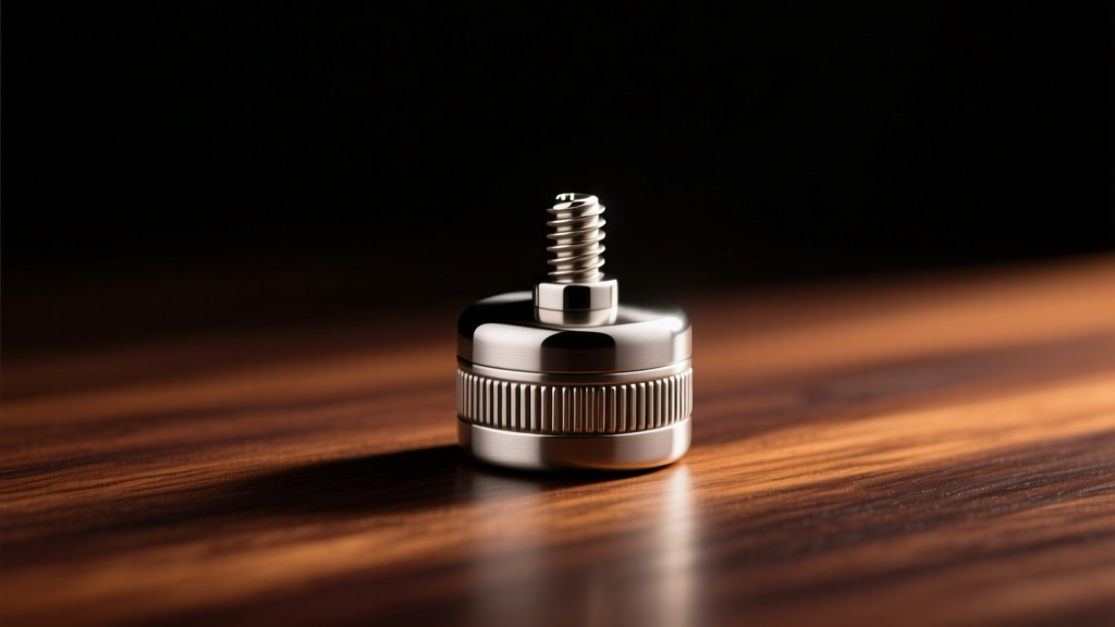 Brushed titanium cremation pendant with threaded screw-cap on dark walnut wood, lit by soft moody directional studio lighting.