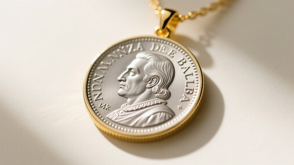 Close-up of a vintage silver Panamanian Balboa coin necklace featuring Vasco Nunez de Balboa in a sleek 14k yellow gold bezel.