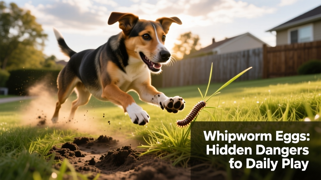 Healthy dog playing outdoors on grassy soil, illustrating how easily whipworm eggs can be encountered during normal activity