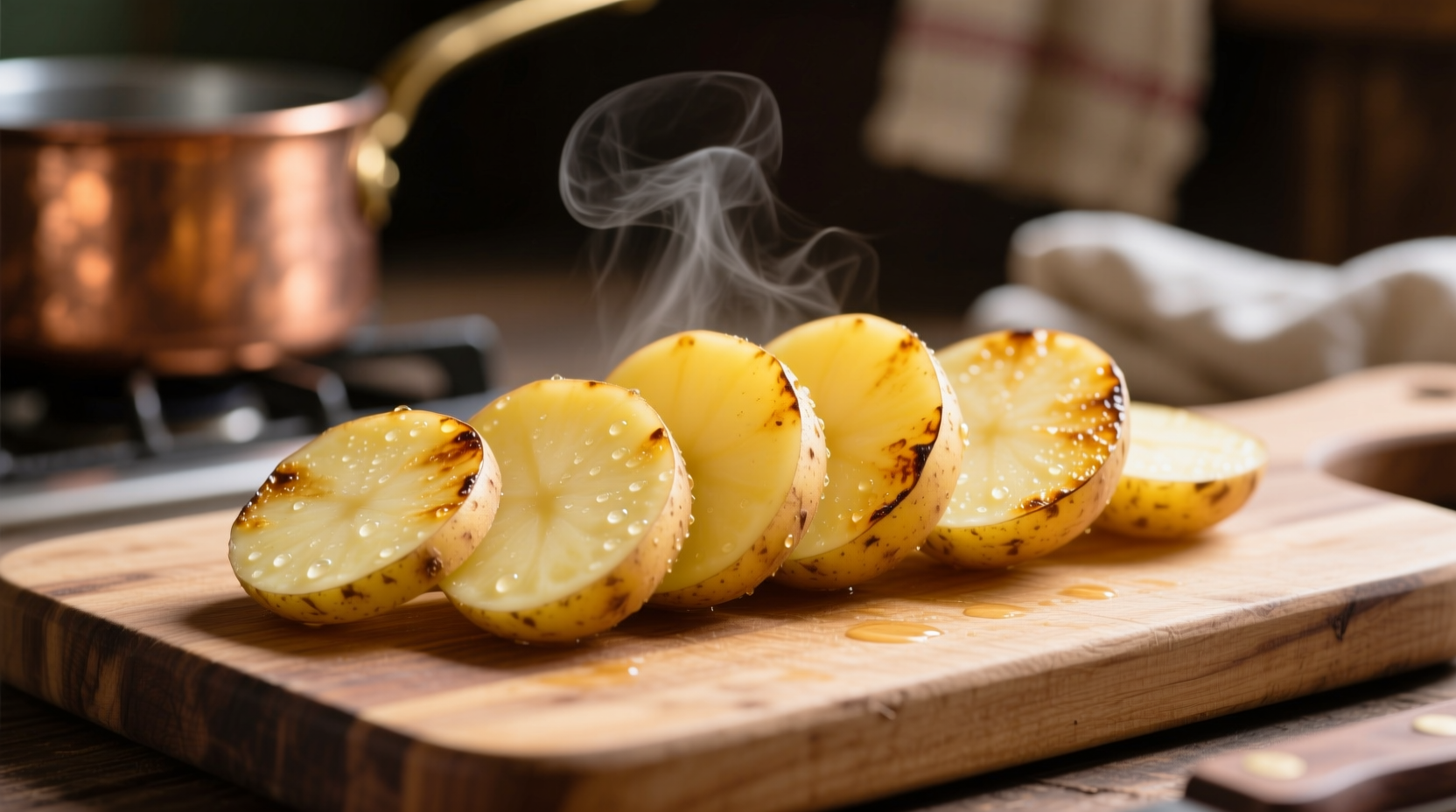 Golden Yukon potato slices on wooden cutting board