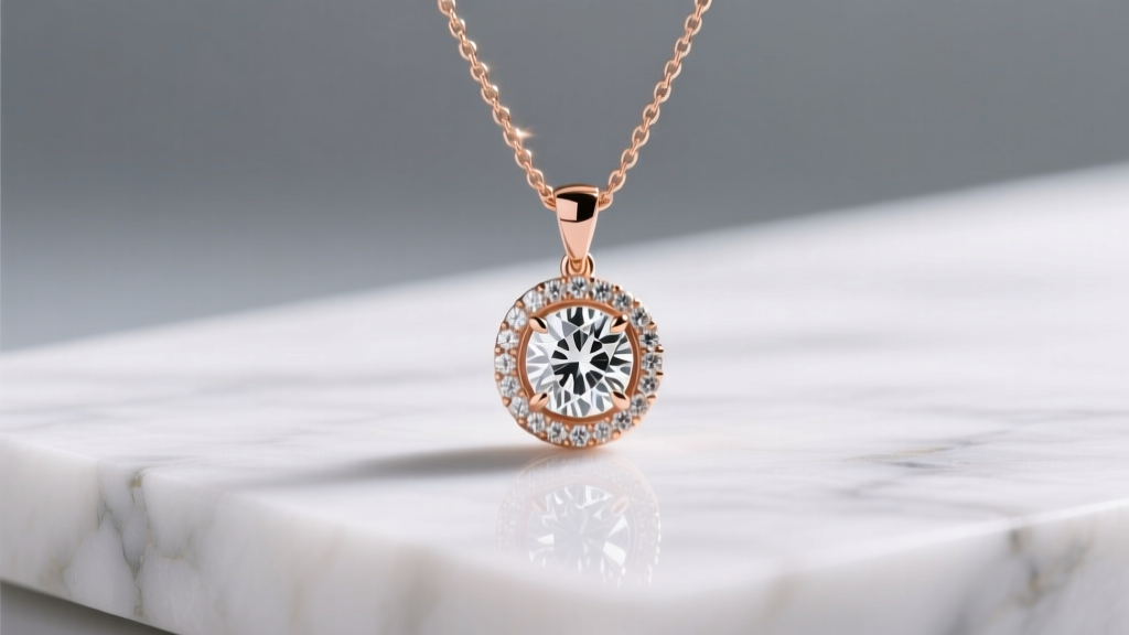 18k rose gold pendant necklace with a bezel-set diamond, resting on a polished marble surface under soft, diffused studio lighting.