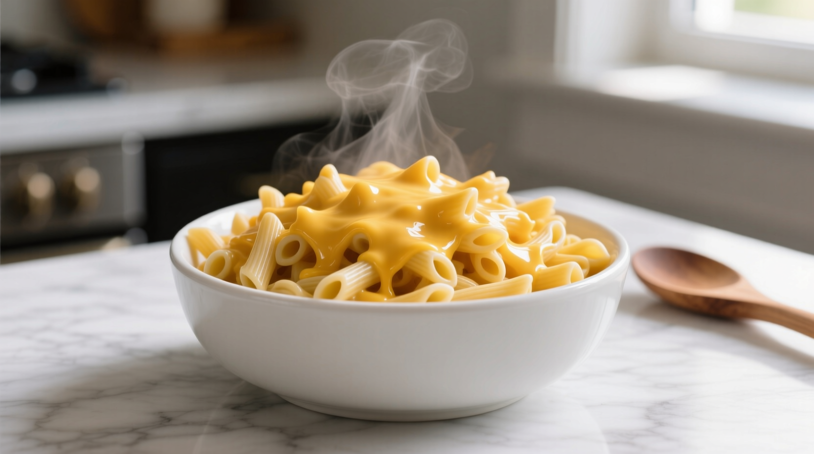 Perfectly cooked Kraft Mac and Cheese in white bowl