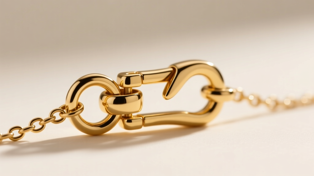 Macro shot of a 14k yellow gold lobster clasp on a delicate chain, showing the secure spring mechanism and soldered jump ring.