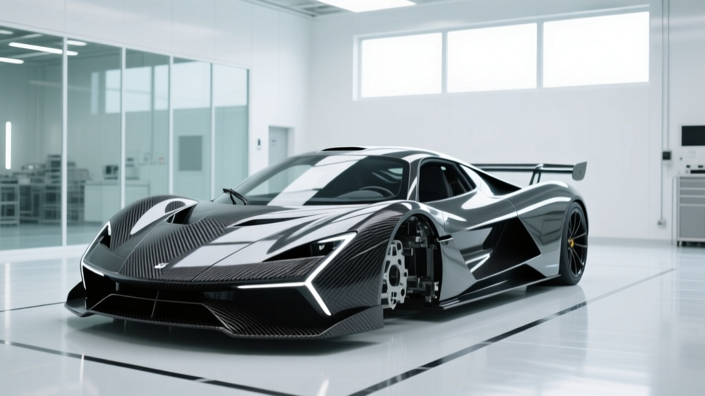 Hypercar carbon fiber monocoque chassis sitting on a pristine anti-static epoxy floor inside a brightly lit, climate-controlled modern assembly cleanroom