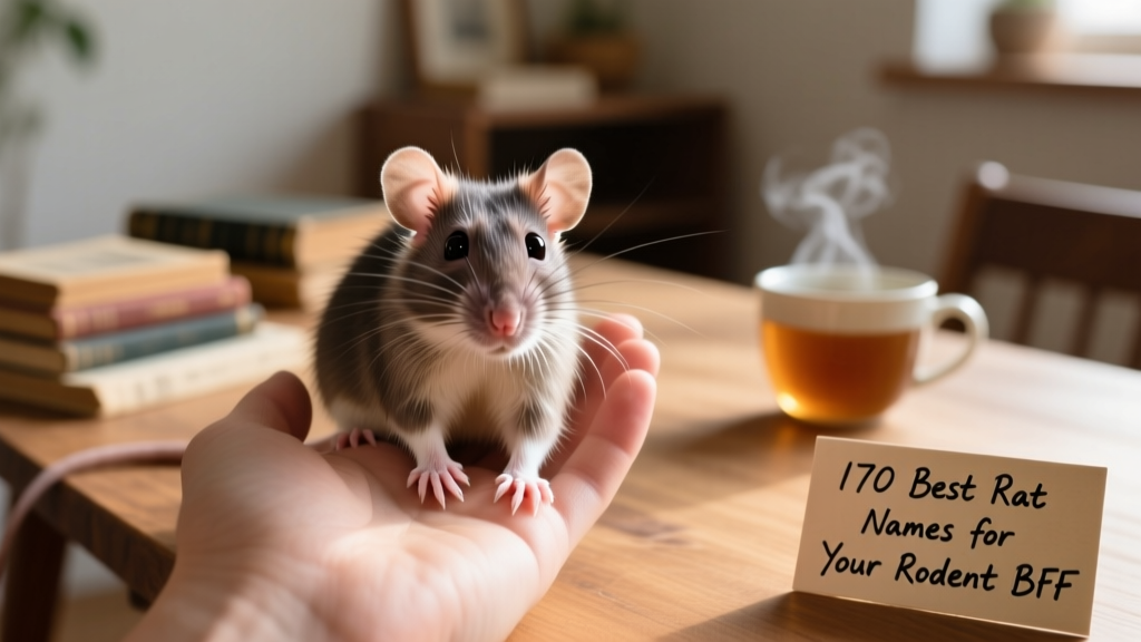 A curious, well-groomed pet rat perched on a hand, looking alert and friendly