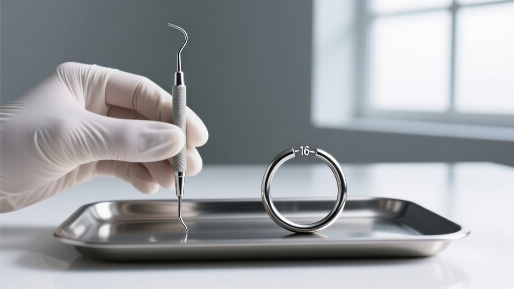 Hands holding a sterile titanium insertion taper next to a 16-gauge cartilage hoop on a clean steel tray inside a bright studio.