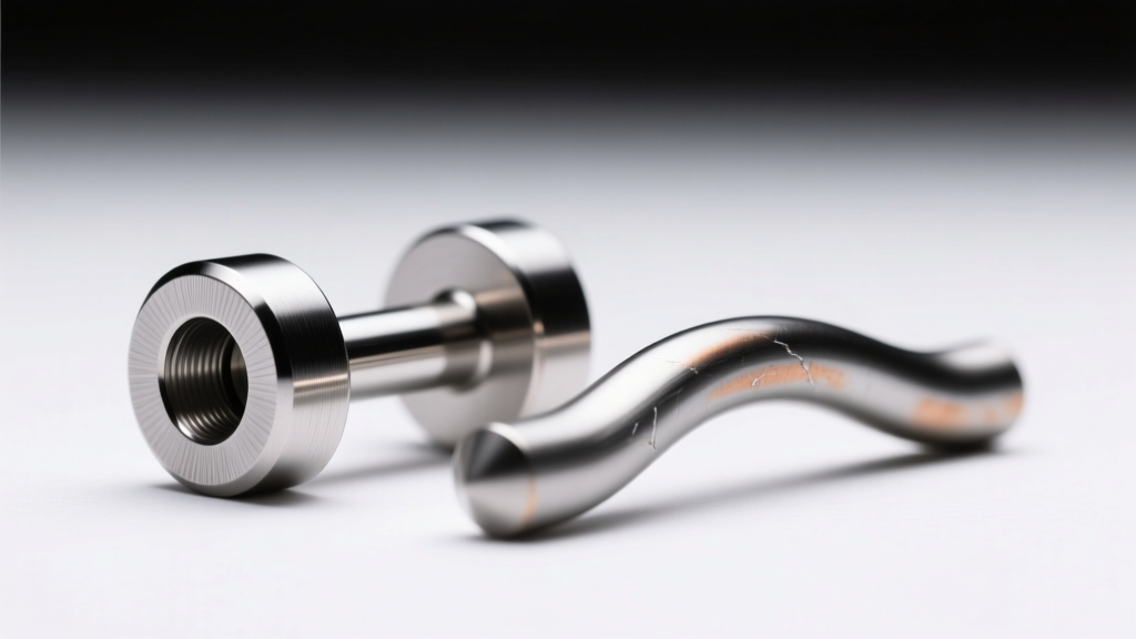 Close-up of 14-gauge titanium surface barbell next to a curved barbell on a clean white background, studio lighting, sharp focus.