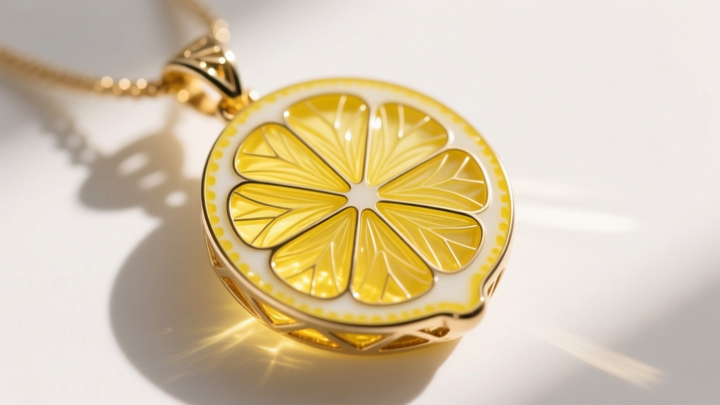 Macro shot of a guilloché enamel lemon pendant showing translucent yellow glass fired over engraved geometric metal lines beneath