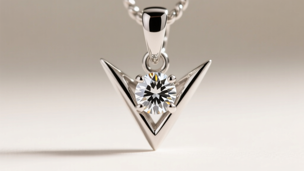 Macro shot of a four prong platinum pendant setting holding a round diamond, showing V-tip prongs and a polished hidden bail loop.