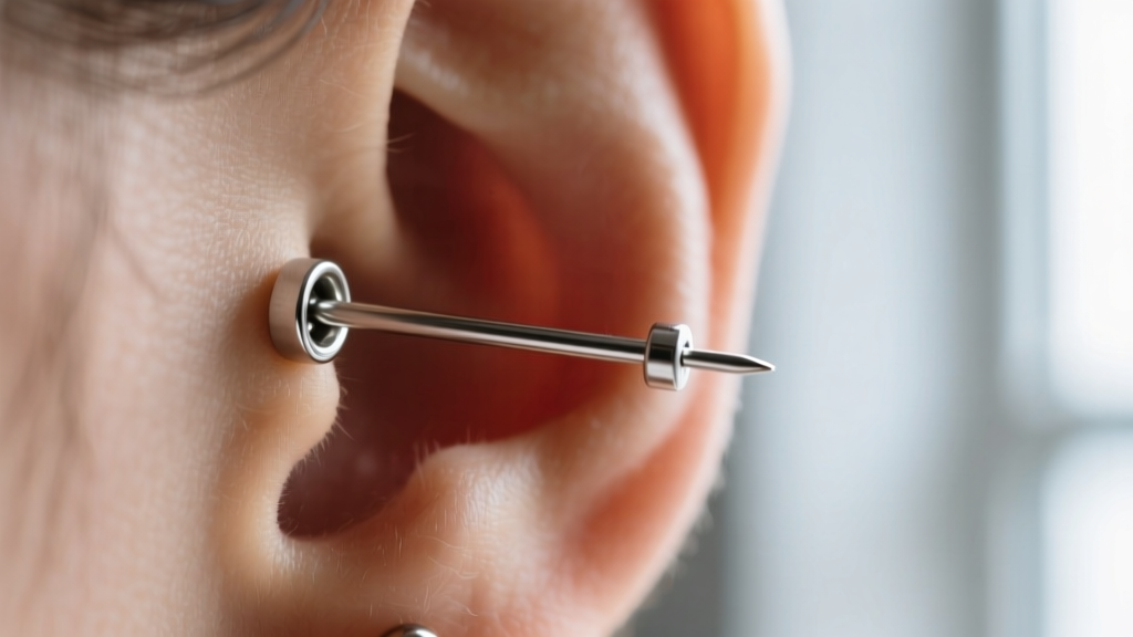 Macro shot of an 18-gauge threadless earring pin inserted into a 16-gauge upper lobe piercing, highlighting the bent tension pin