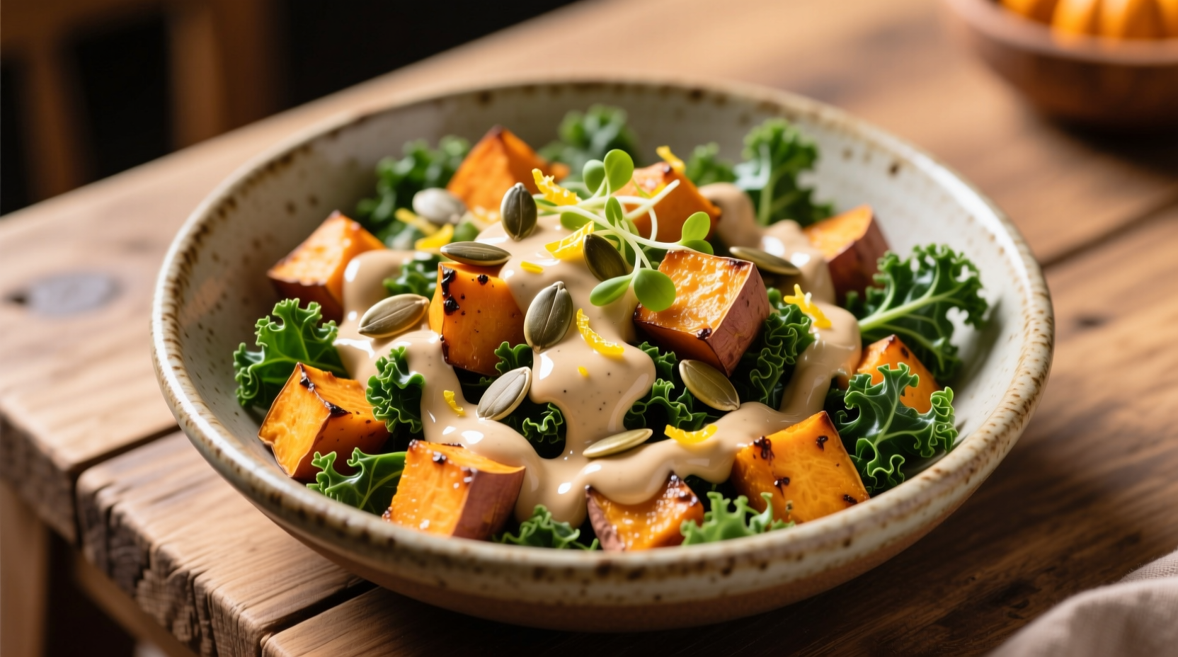 Roasted sweet potato and kale salad with tahini dressing in a bowl