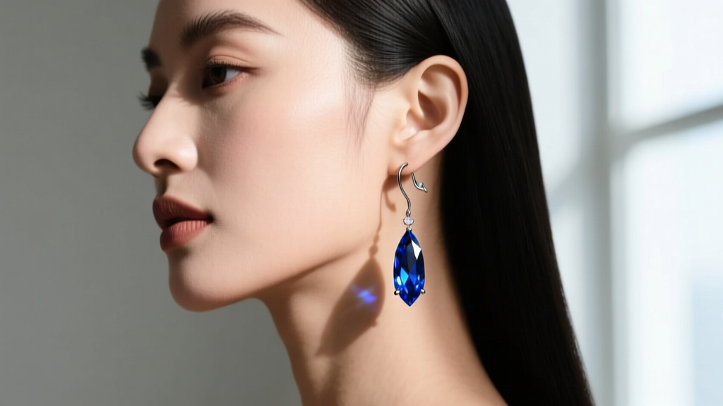 Side profile of a woman wearing a long gemstone drop earring with a secure fish hook back, highlighting the earlobe and jawline