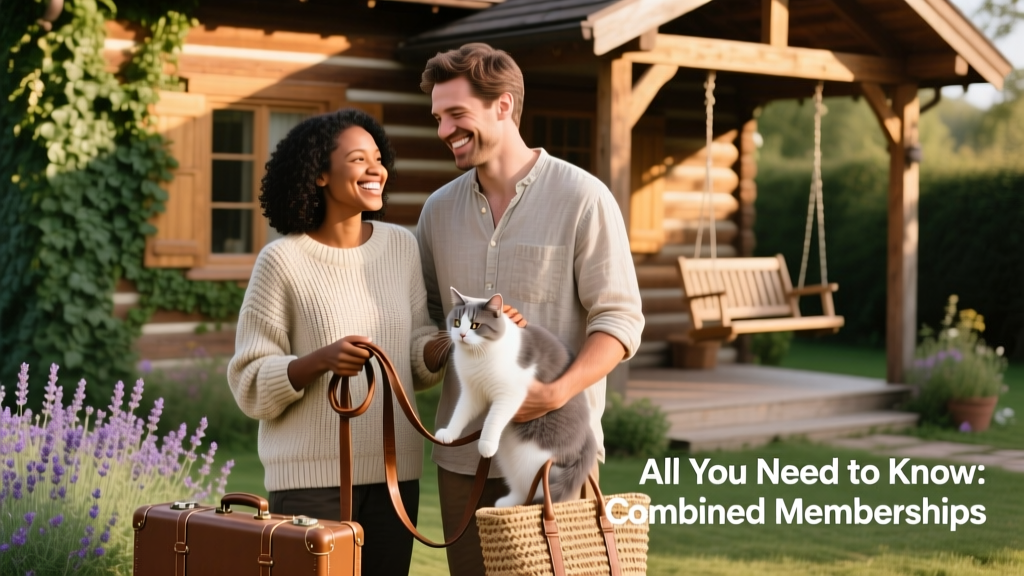 Two smiling people—one holding a leash, the other gently petting a cat—standing outside a cozy home with luggage nearby
