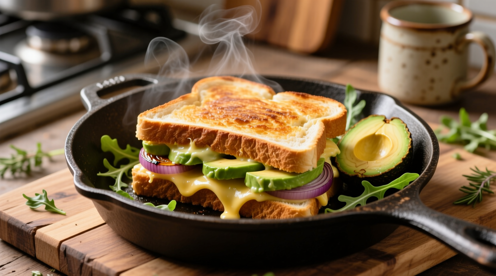 avocado gooey avocado panini sandwich pressed