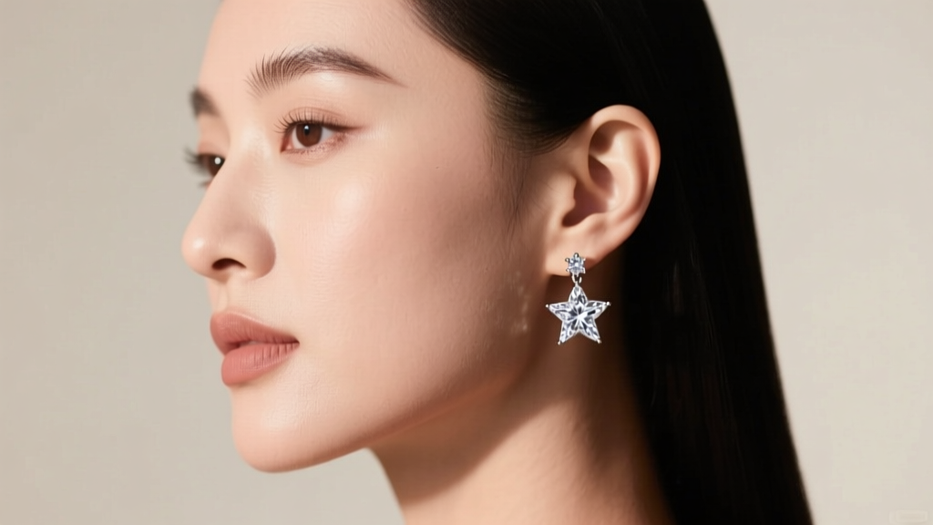 Elegant side profile of a woman wearing 0.50 carat total weight star diamond huggie earrings, soft studio lighting on her skin.