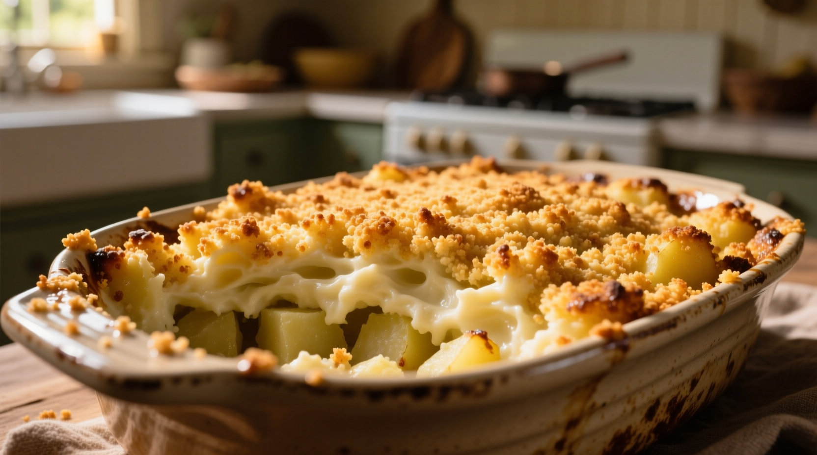 Golden mashed potato casserole with crispy breadcrumb topping