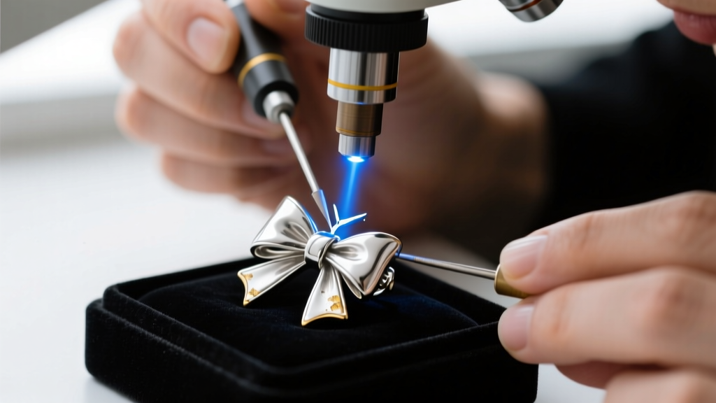 Jeweler using a laser welder to fix a broken sterling silver post on a vintage Ferragamo Vara bow earring under a microscope.