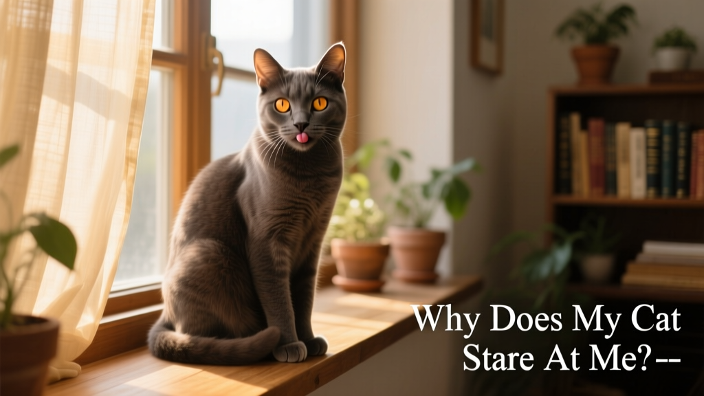 Cat sitting upright with tongue slightly out, gazing thoughtfully at the camera.