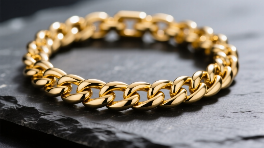 Macro shot of 14k yellow gold Cuban link chain of necklace on dark slate, showing interlocking metal links and bright polish