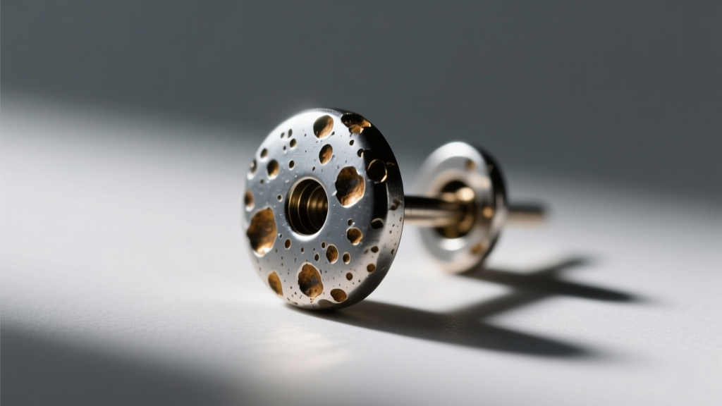 Macro photo of a budget zinc-alloy earring post showing microscopic surface pitting and uneven flash plating under harsh lighting