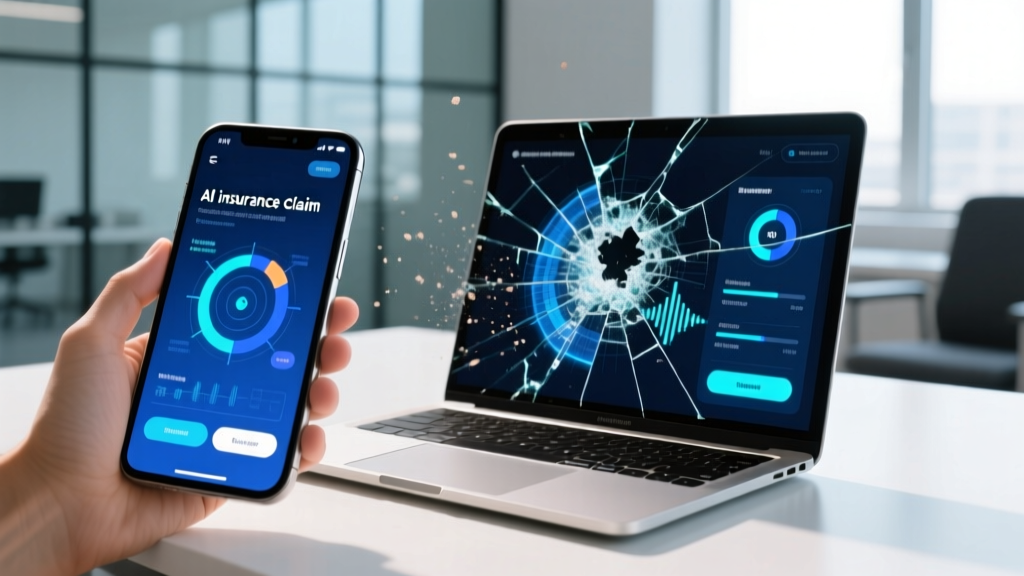 Smartphone screen displaying an AI insurance claim portal scanning a cracked laptop screen for instant damage assessment.