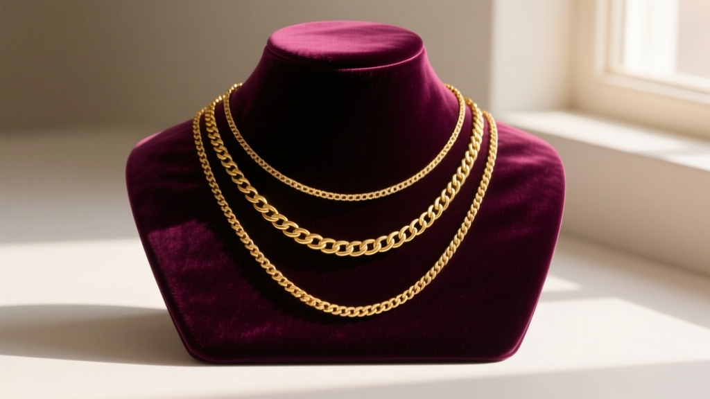 Flat lay of a velvet jewelry bust showing three distinct gold chain lengths resting at the collarbone, sternum, and solar plexus
