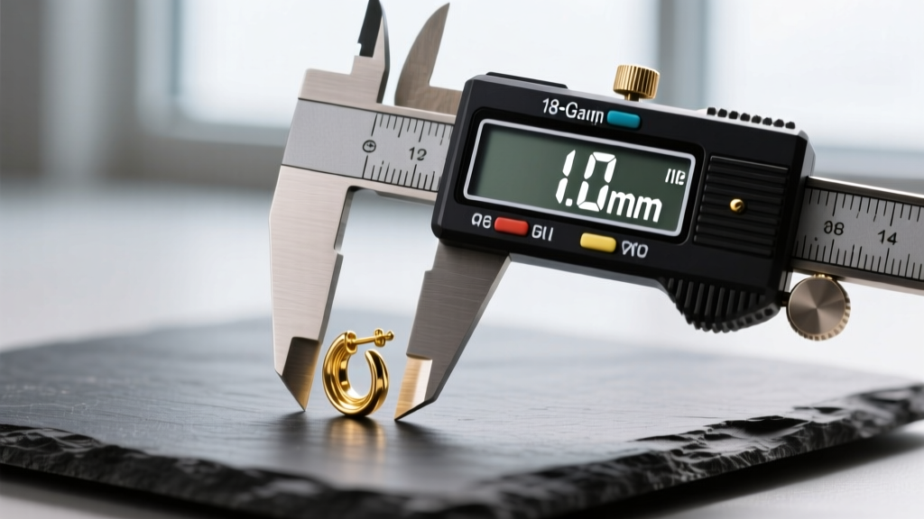 Digital calipers measuring an 18-gauge gold earring post on slate, showing the exact 1.0mm thickness on the digital LCD screen.