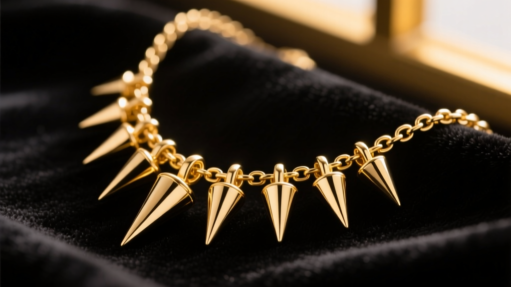 Macro shot of a 14k gold spike necklace on black velvet, showing sharp conical pendants and fine chain links in warm light.