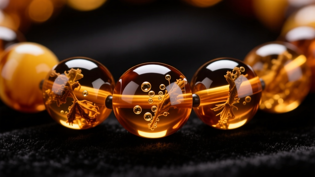 Macro shot of polished cognac Baltic amber beads showing natural inclusions on dark velvet under warm, directional studio lighting.