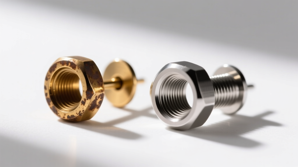 Macro comparison showing a tarnished brass plated earring post next to a polished implant-grade titanium internally threaded post.