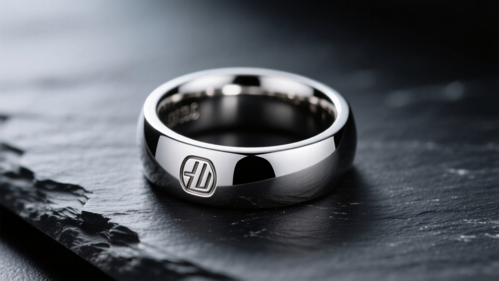Macro shot of a polished 316L stainless steel signet ring on dark slate, reflecting soft light to show a pristine finish.