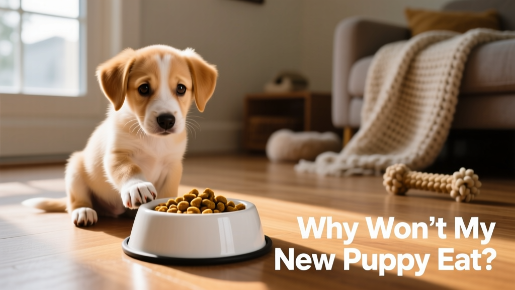 A curious, slightly hesitant puppy sitting beside a clean food bowl with kibble