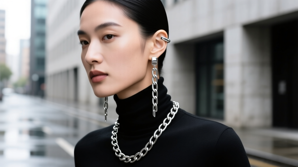 Street style portrait of a person in a black turtleneck styling heavy silver chain drape earrings alongside a subtle ear cuff.