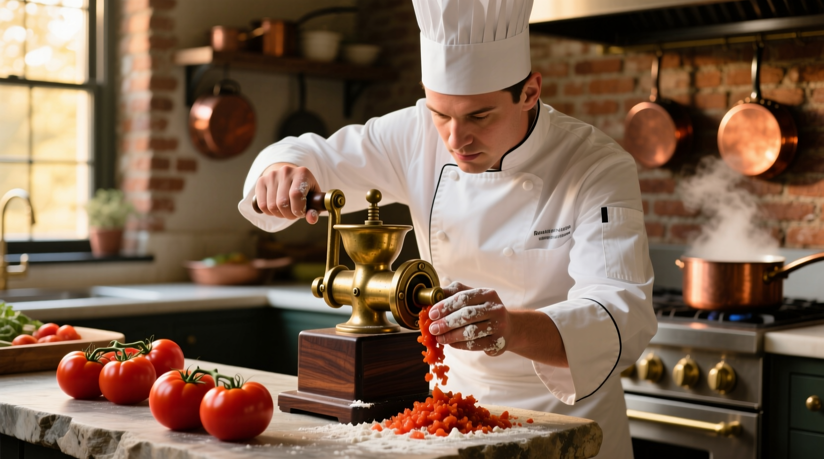 Professional chef using manual tomato grinder