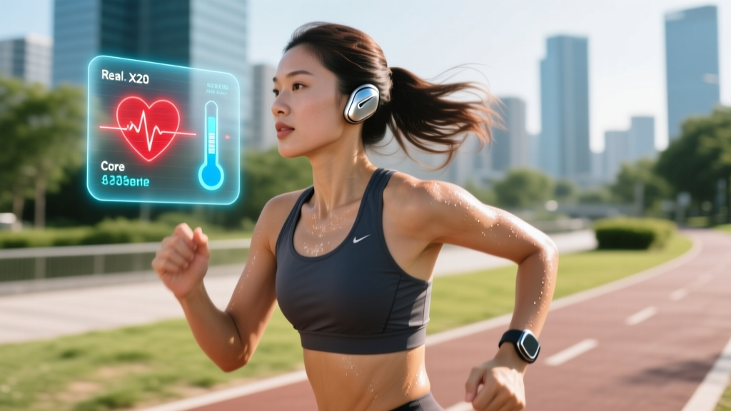 Runner wearing true wireless earbuds with a holographic UI overlay displaying real-time heart rate and core temperature