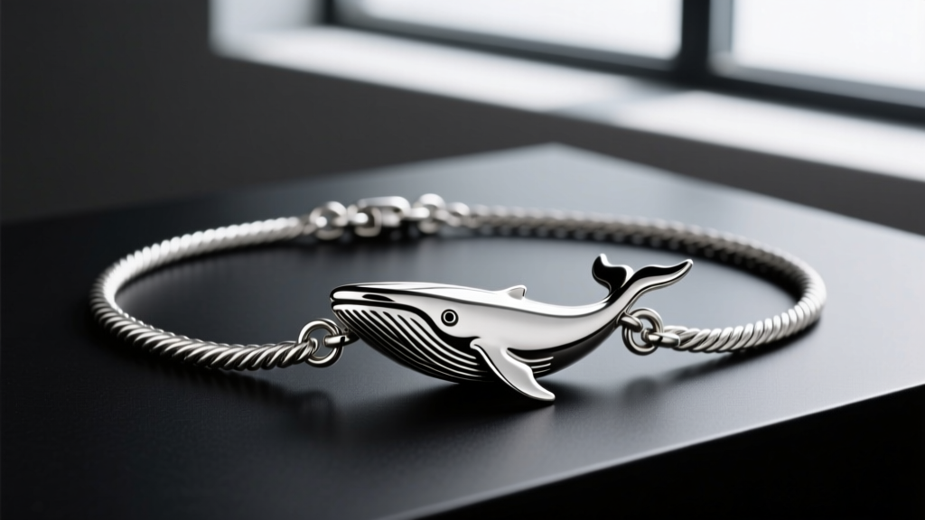 A 1.5mm stainless steel rope chain threading through the integrated bail of a heavy cast orca whale necklace, showing the clasp.