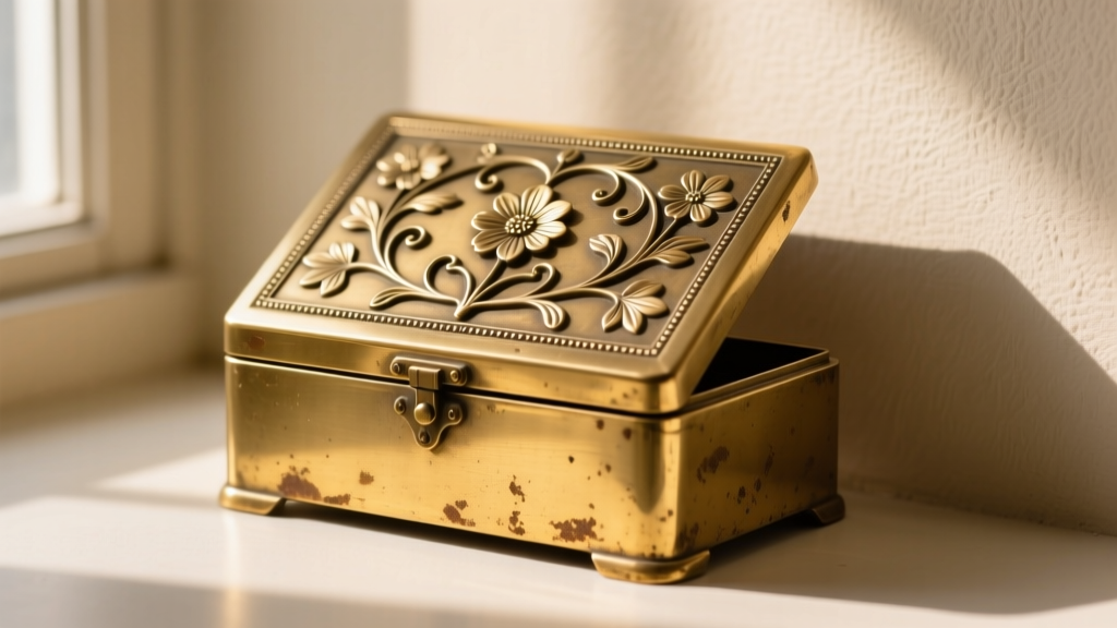 Restored vintage brass jewelry box gleaming under soft light, highlighting intricate floral repousse metalwork details on the lid