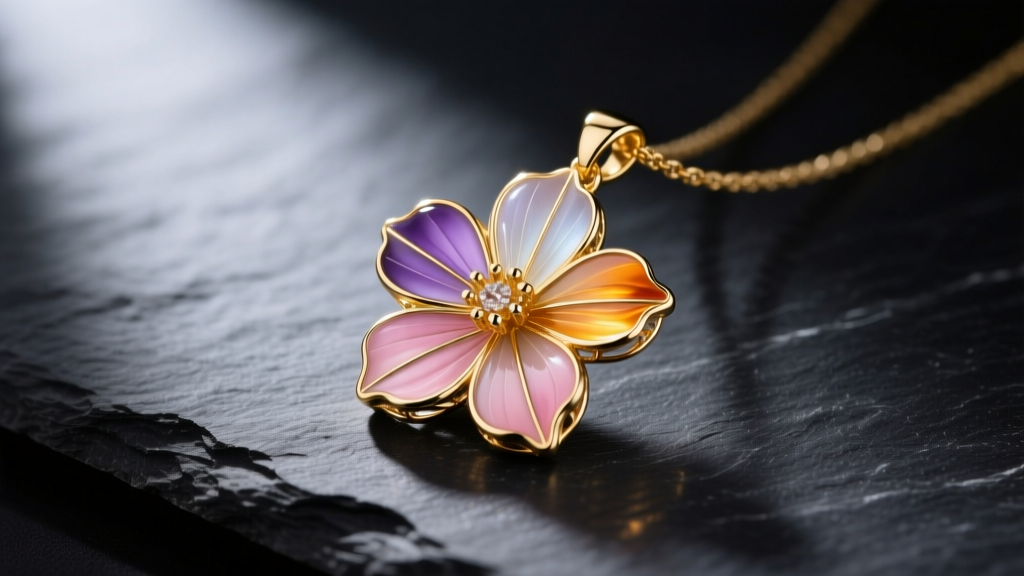 18k gold and plique-à-jour enamel floral pendant resting on dark slate, highlighting translucent petals in soft studio lighting