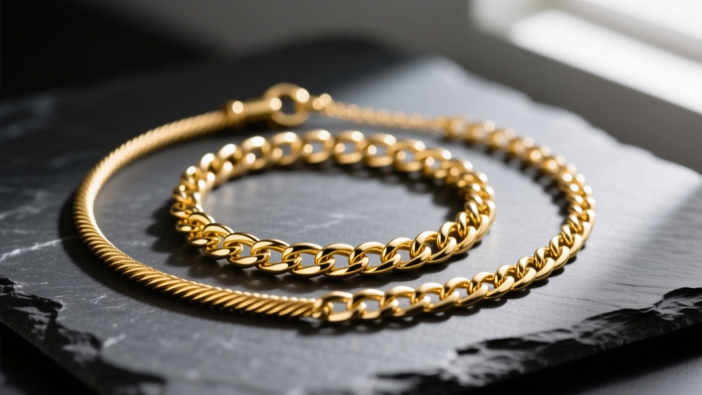 Macro photography of two layered gold necklaces, a 16-inch cable chain and an 18-inch box chain, resting on a dark slate surface.