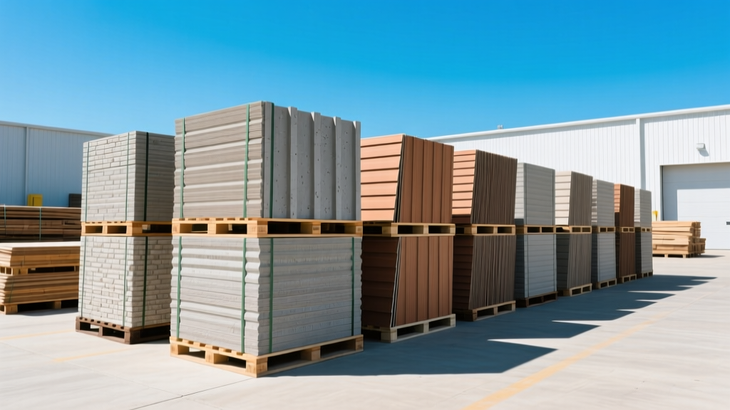 Fiber cement siding and masonry veneer stacked on pallets at a Texas coastal lumber yard under a bright, clear blue sky