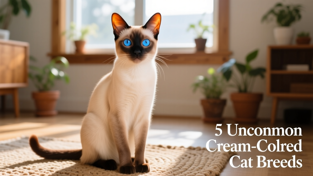 A cream-point Siamese cat sitting upright, gazing directly at the camera with vivid blue eyes and warm-toned points on ears and tail