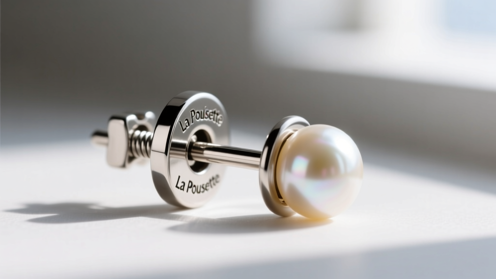 Close-up of a La Pousette earring backing securing a 20-gauge titanium post on a tiny pearl stud, showing the mechanical lock