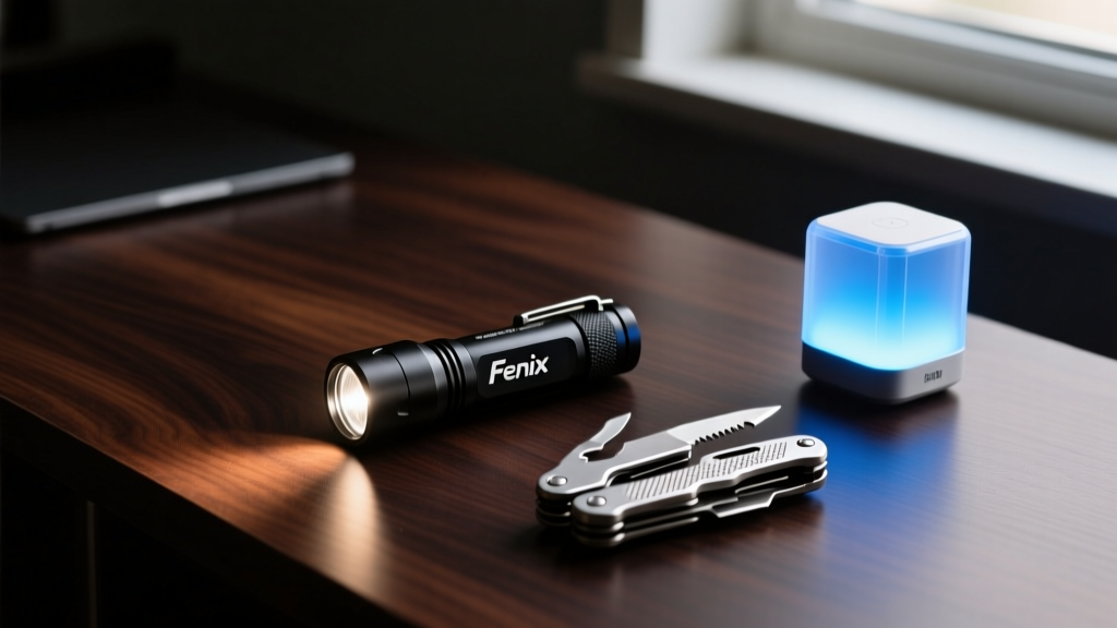 A moody, dark-wood desk setup featuring a Fenix keychain flashlight, a Gerber multi-tool, and a glowing smart IR hub.