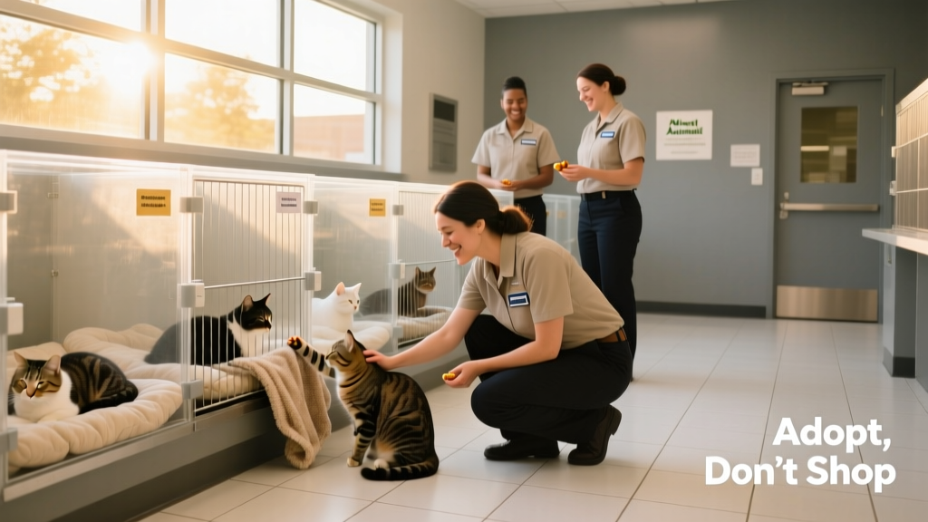 A clean, well-lit municipal animal shelter with staff interacting gently with cats in individual kennels