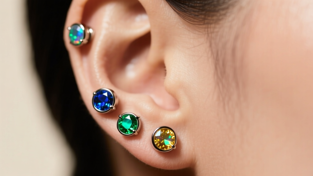 Close-up of a curated ear wearing ASTM F136 titanium threadless studs with bezel opals under soft, warm studio lighting conditions