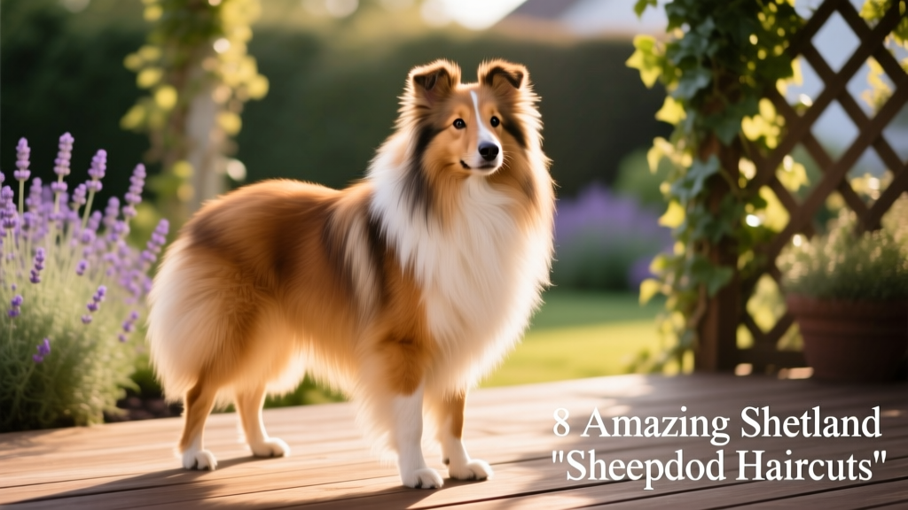 A well-groomed Sheltie in a classic show cut, standing confidently with a shiny, full coat