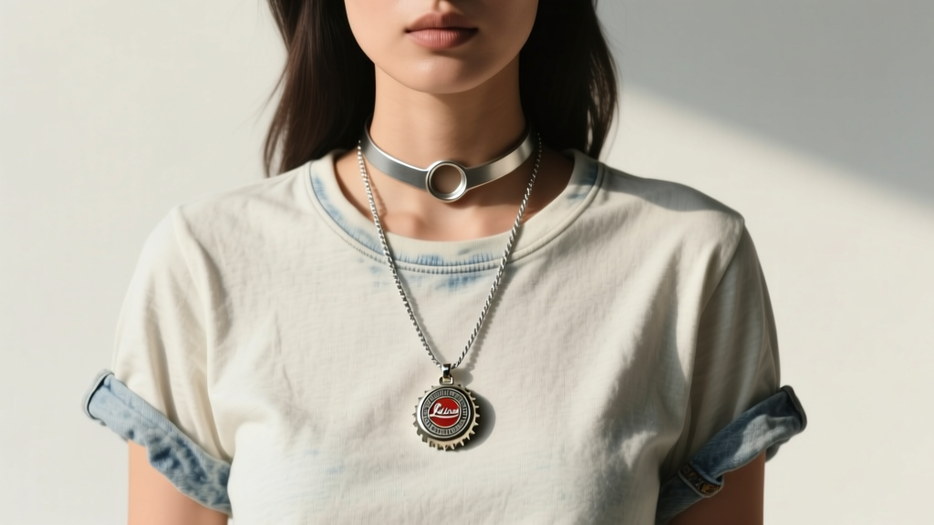 Editorial portrait of a model layering a craft beer cap pendant with a silver rope chain and minimalist choker over a vintage tee