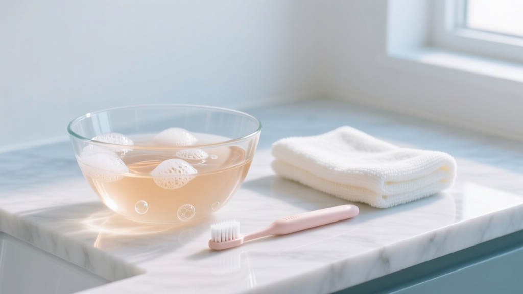 Glass bowl of warm soapy water beside a soft baby toothbrush and microfiber cloth on a clean white marble countertop.
